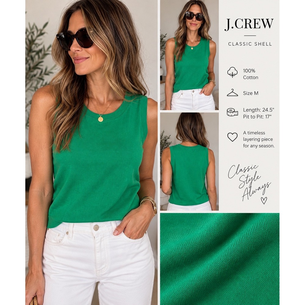 J.Crew Classic Shell Green Sleeveless Sweater Vest Size M 100% Cotton